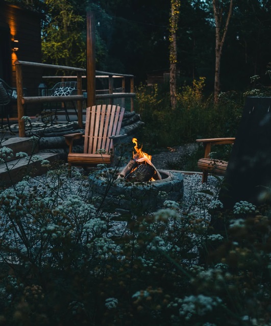Cosy fire pit area at dusk